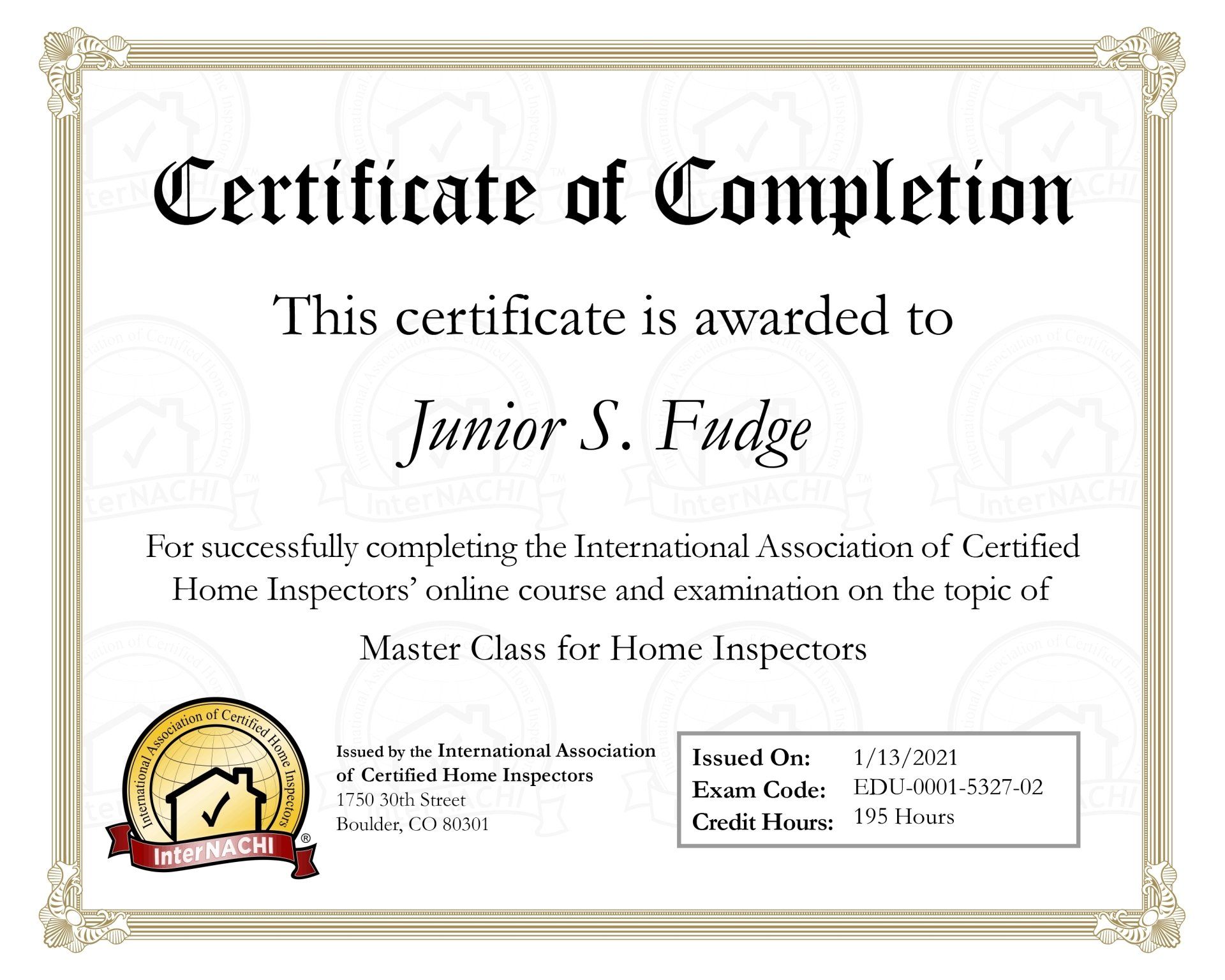 master class for home inspectors certificate - PEI residential home inspector