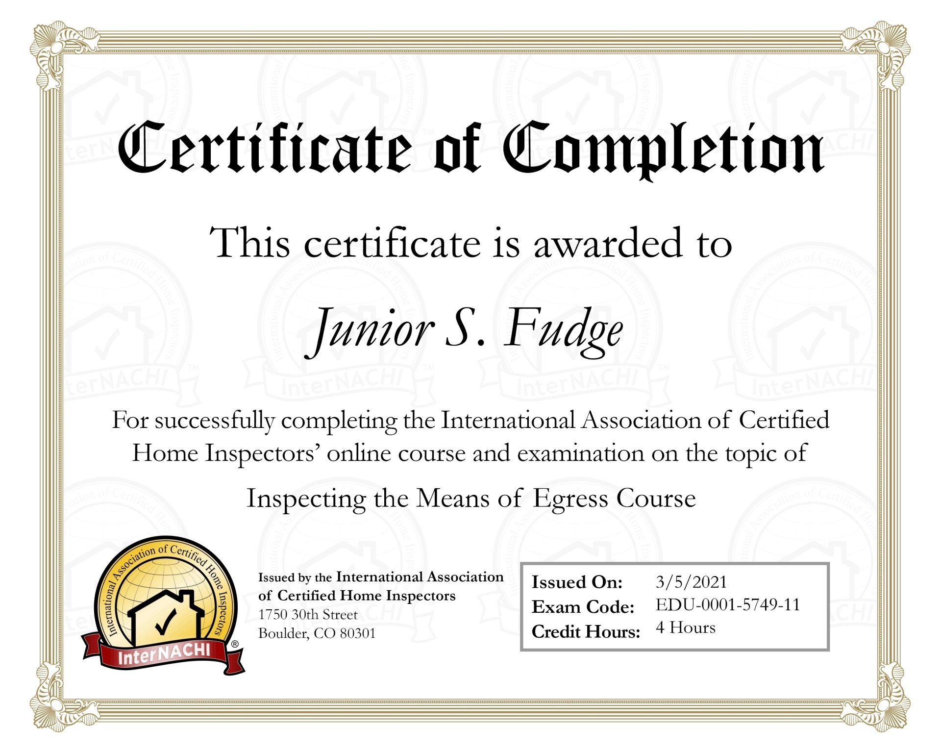 Means Of Egress Course Home Inspection Certificate