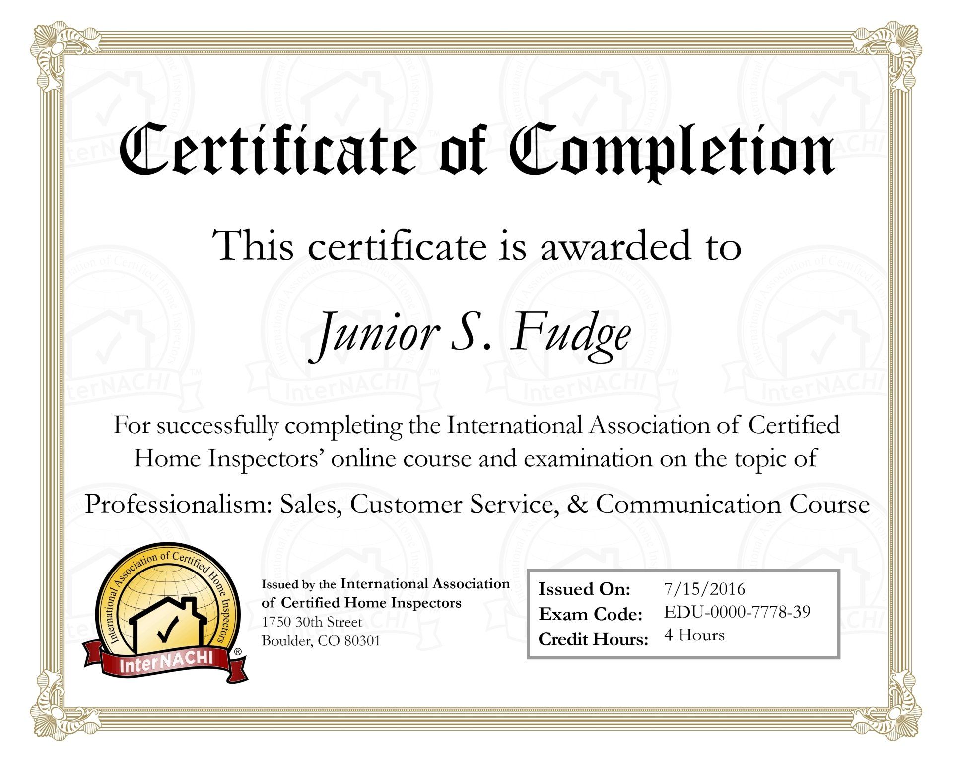 Professionalism sales service certificate - Prince Edward Island home inspector
