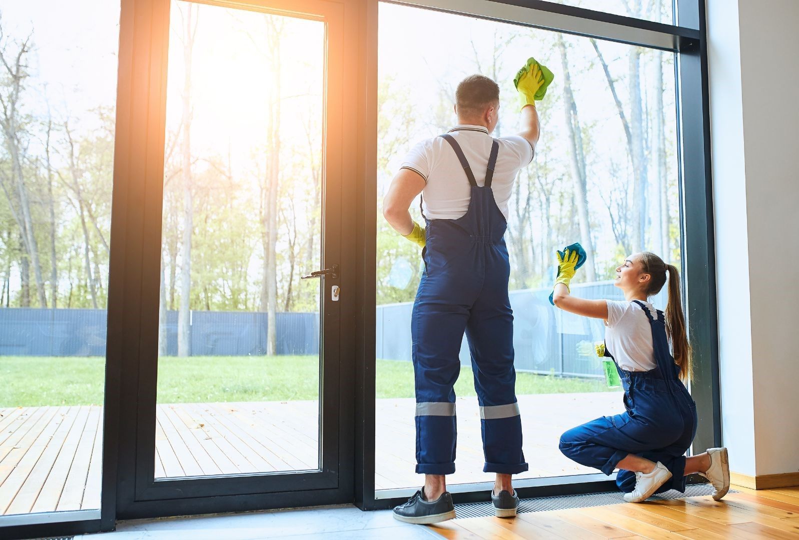 A man and a woman are cleaning a window in a house.