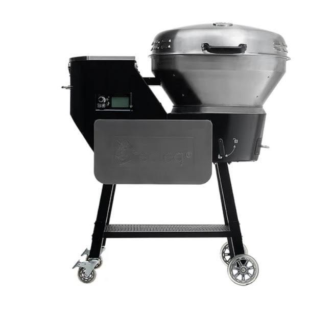 Black and silver pellet grill with a hopper, digital display, and work surface.