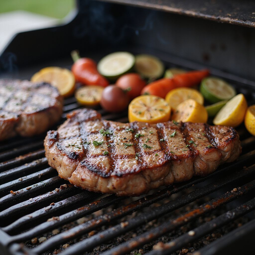 Grilled steak and vegetables on a barbecue, with grill marks and smoke.