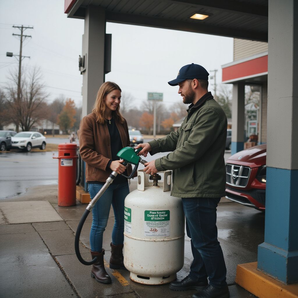 Woman and man filling a propane tank at a gas station. The woman holds a nozzle, the man points. Cloudy day.
