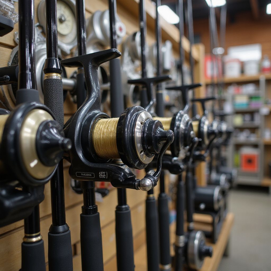 Row of fishing rods and reels on display in a store, with the spools of the reels visible.
