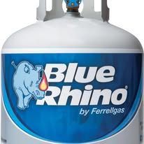 Blue Rhino propane tank with blue and white logo: rhino head with flame.