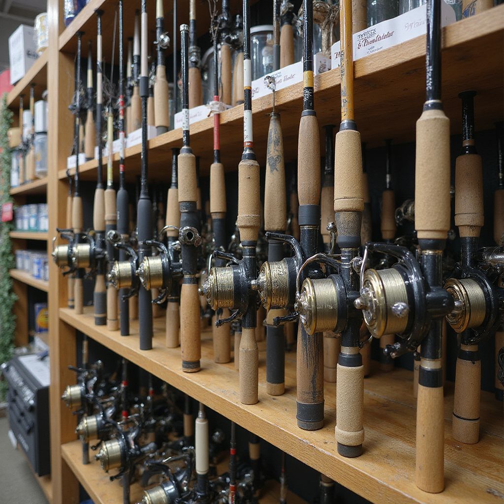 Fishing rods with reels on wooden shelves in a store.