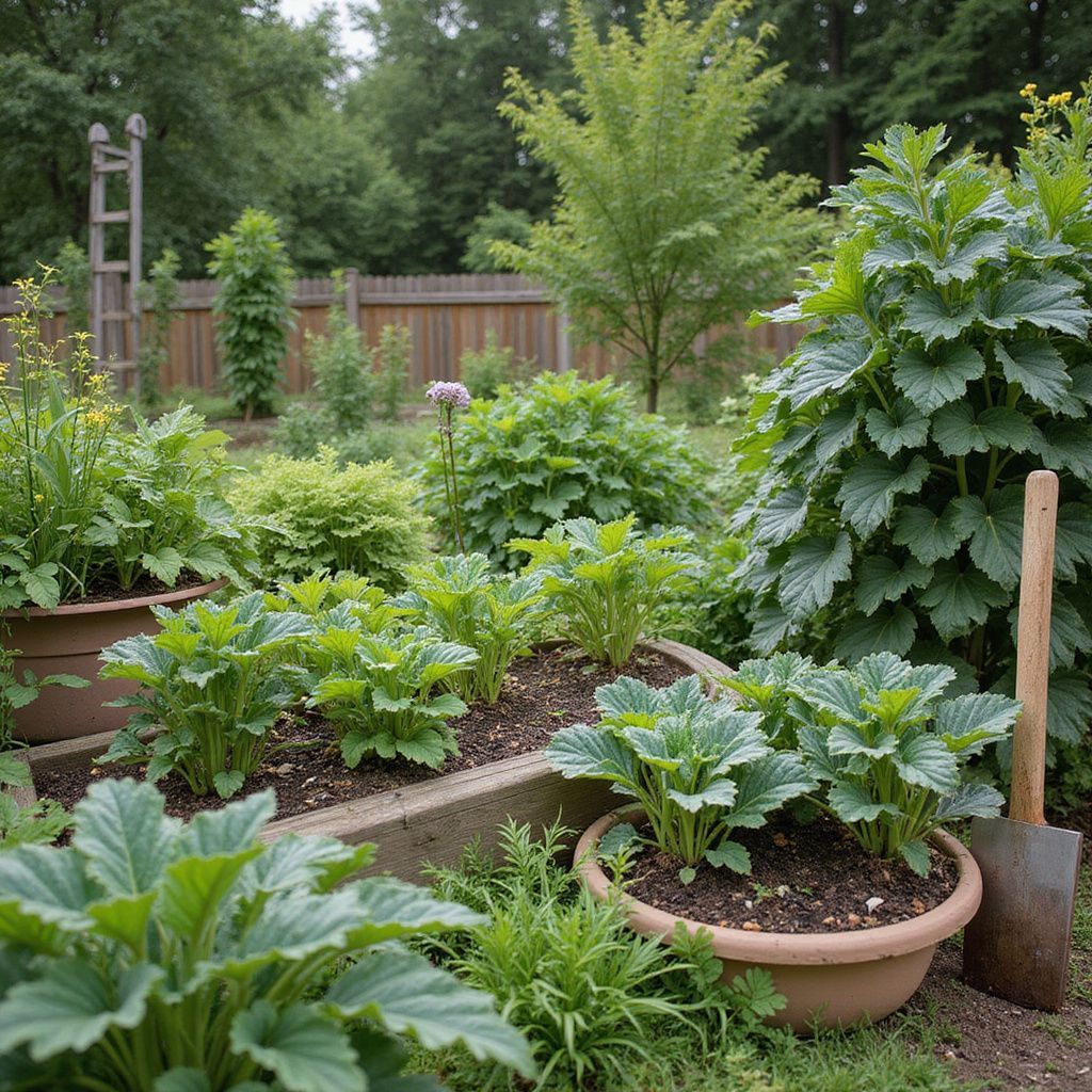 A lush, green garden with potted plants, a shovel, and a wooden fence in the background.