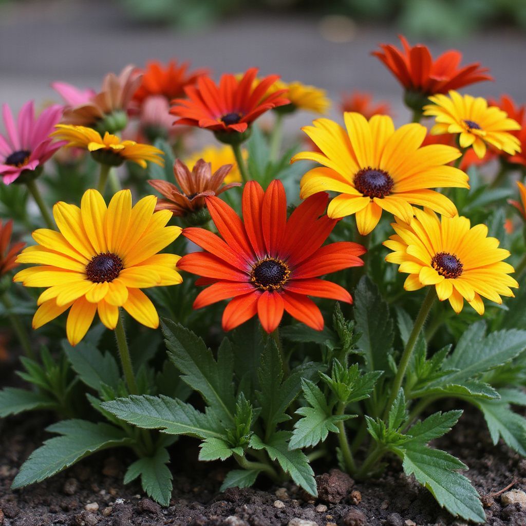 Colorful osteospermum flowers with dark centers and green foliage.
