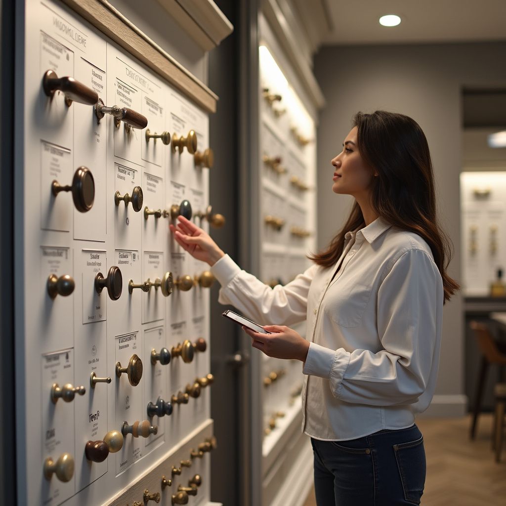 Woman examining door knobs in a showroom, holding a phone.