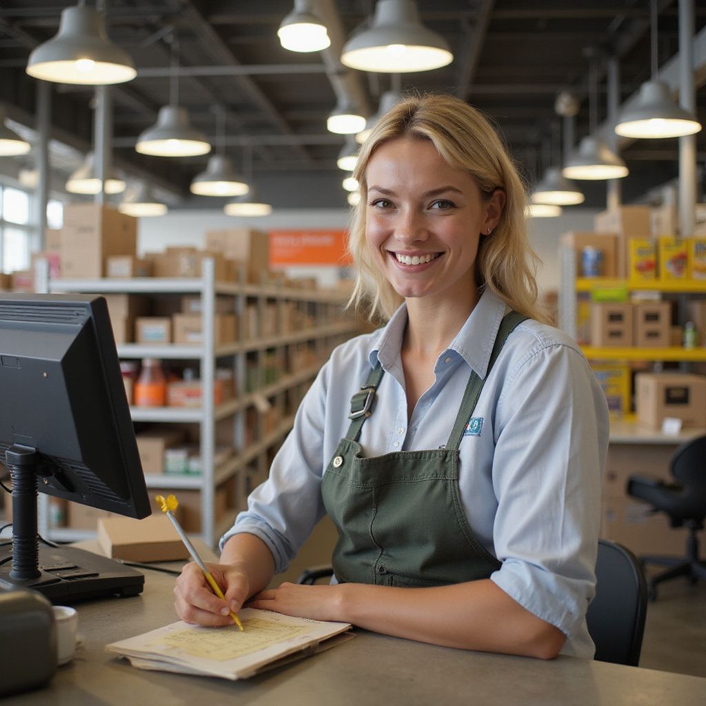 Woman at a counter in a warehouse, smiling, writing on a notepad. She wears a work shirt and apron.
