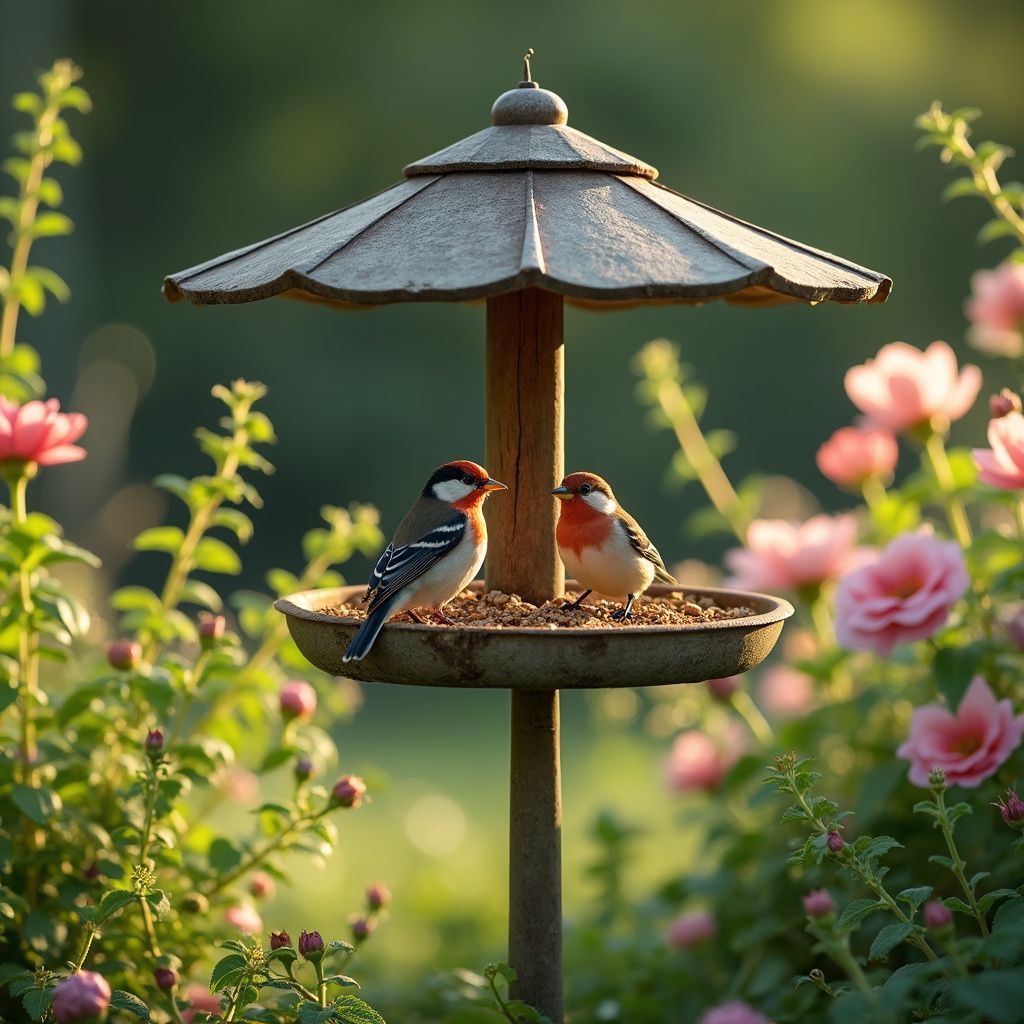 Two birds perched on a bird feeder in a garden, surrounded by pink flowers.