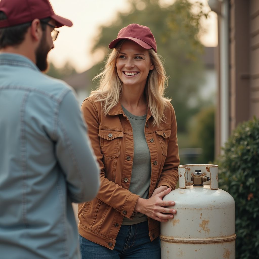 A woman smiling at a man with a propane tank. Both are wearing hats outdoors.