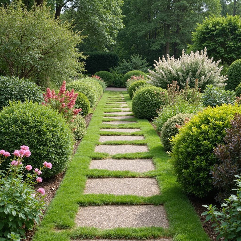 Stone path through a formal garden with green hedges, shrubs, and flowering plants.