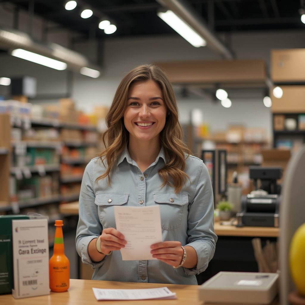 Woman at a checkout counter, smiling and holding a receipt. Bookstore setting, warm lighting.