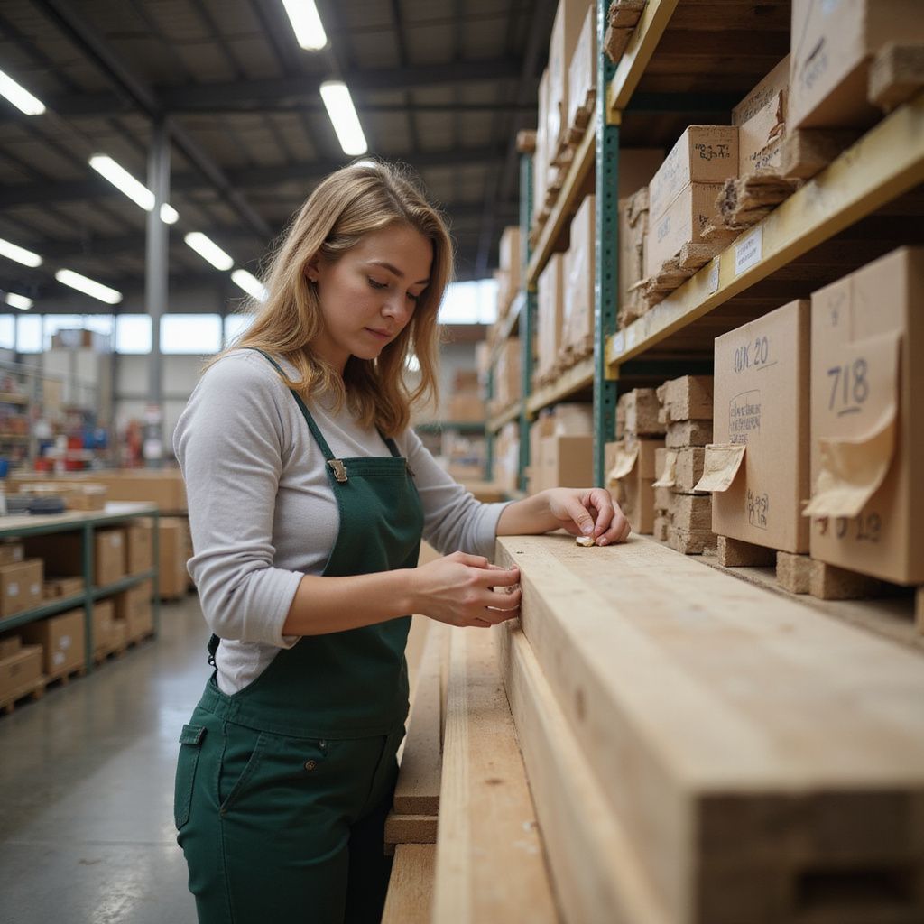 Woman in green overalls inspects lumber on a warehouse shelf.