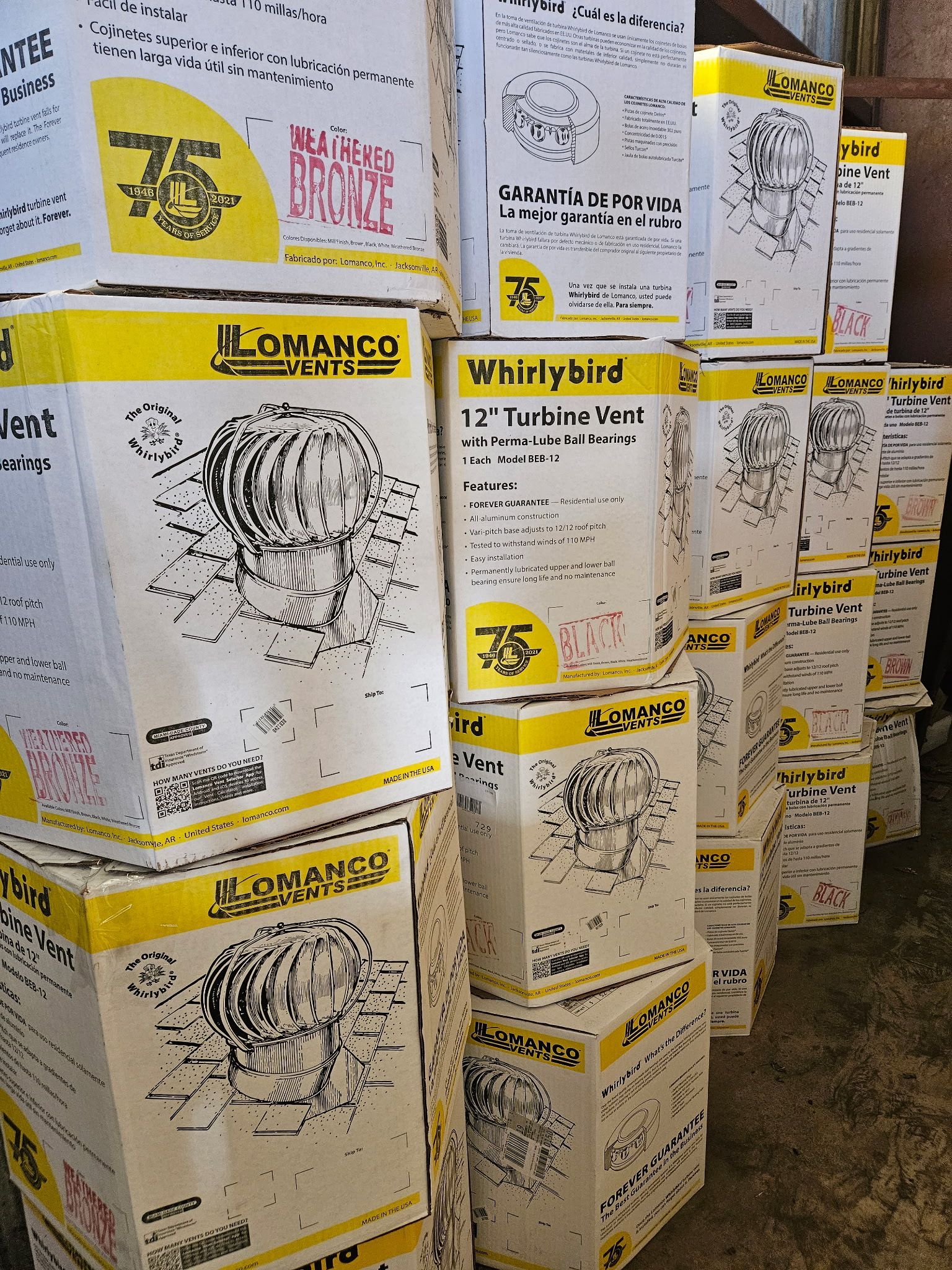 Stack of yellow and white boxes labeled 