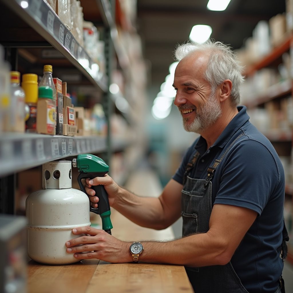Man in apron smiling, handling a propane tank in a warehouse.