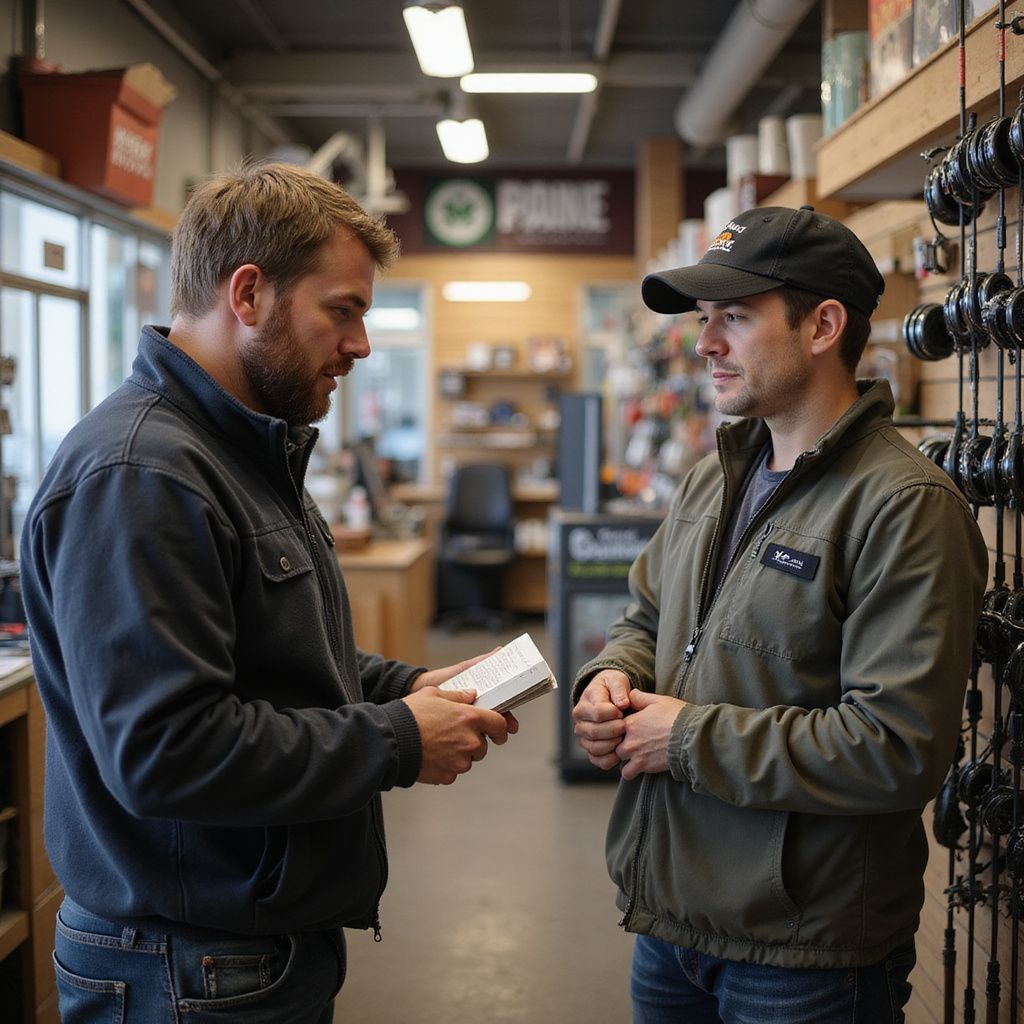 Two men in a sporting goods store, one holding a package, discussing fishing equipment.