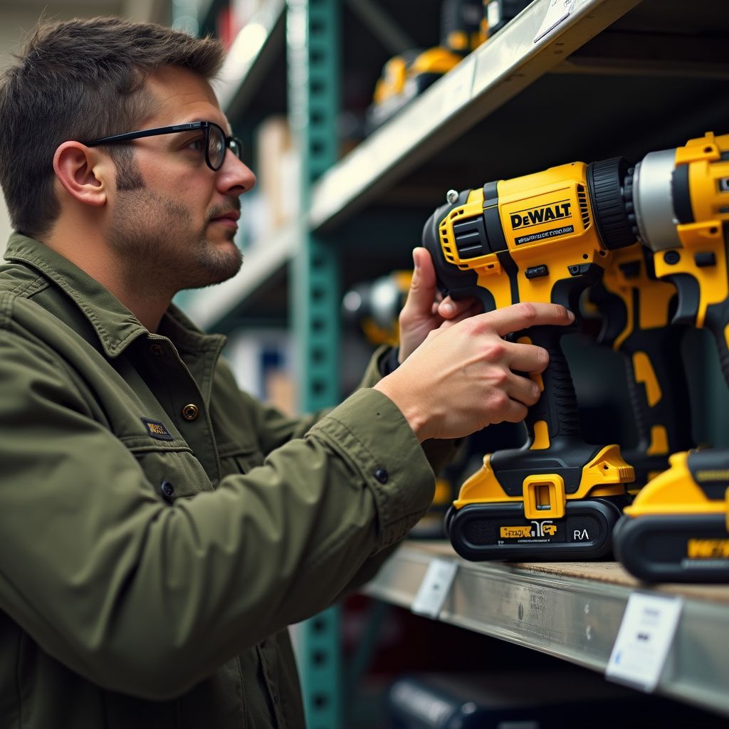 Man in a hardware store holding a yellow and black drill. Shelves and other drills are visible in the background.