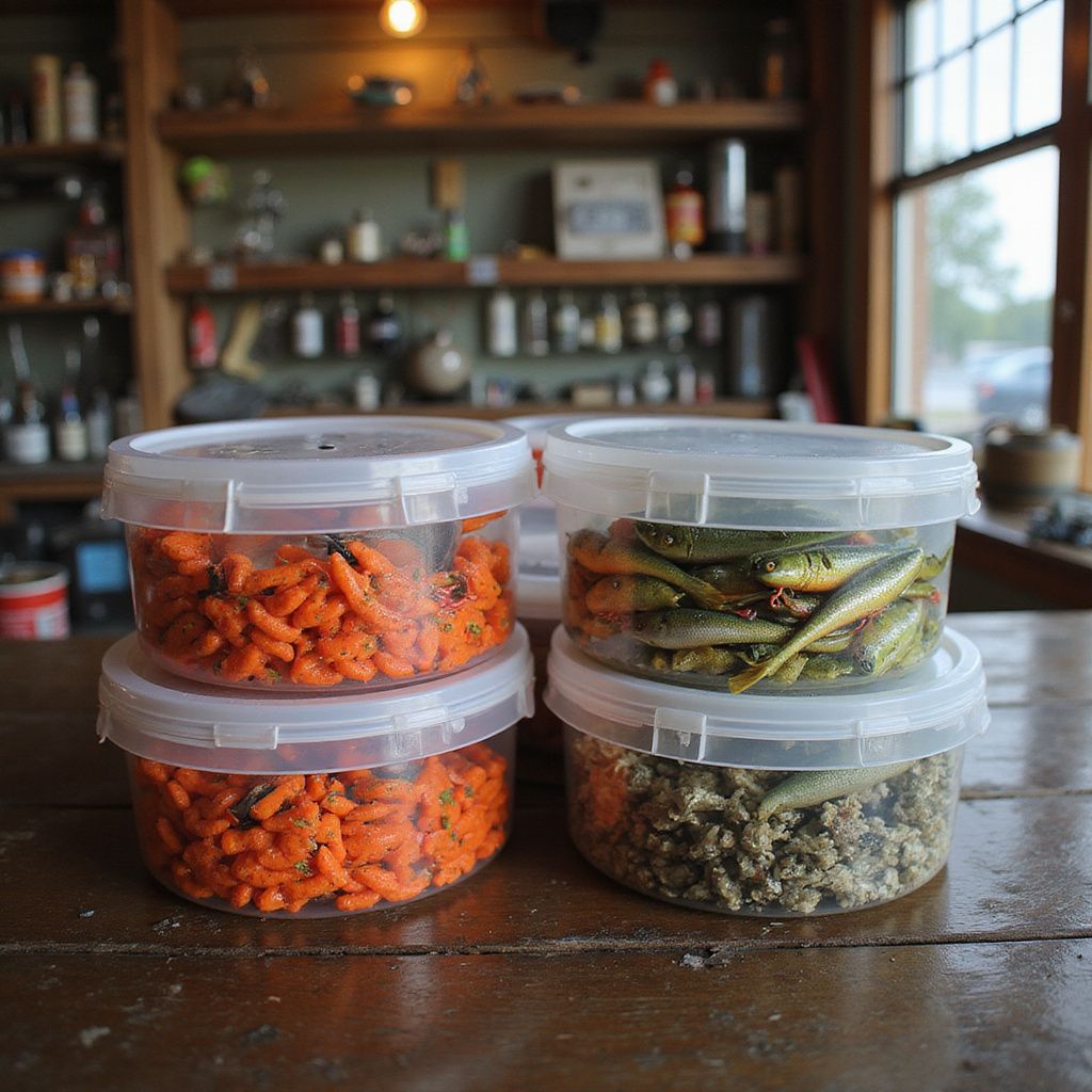 Four clear plastic containers with fishing lures on a wooden table. Background is a store with shelves.