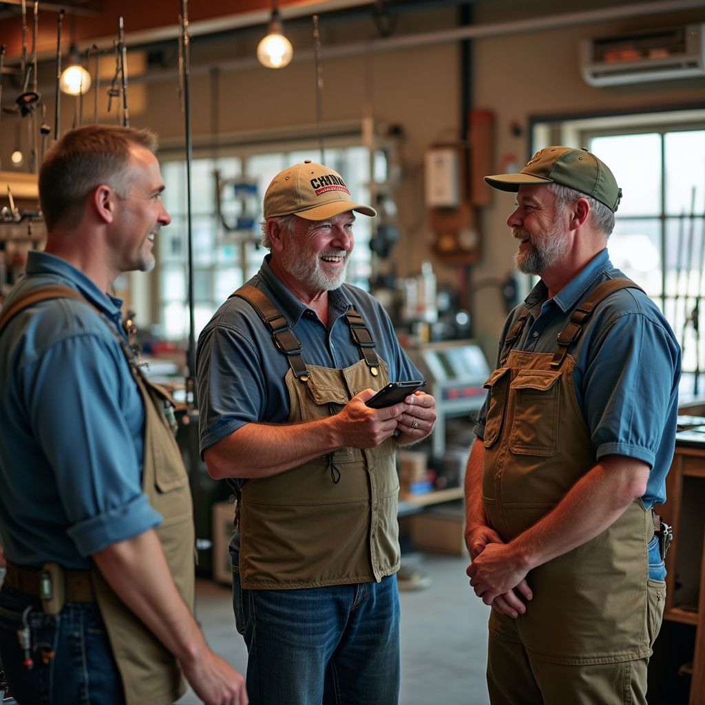 Three men in work aprons and hats talking in a workshop.