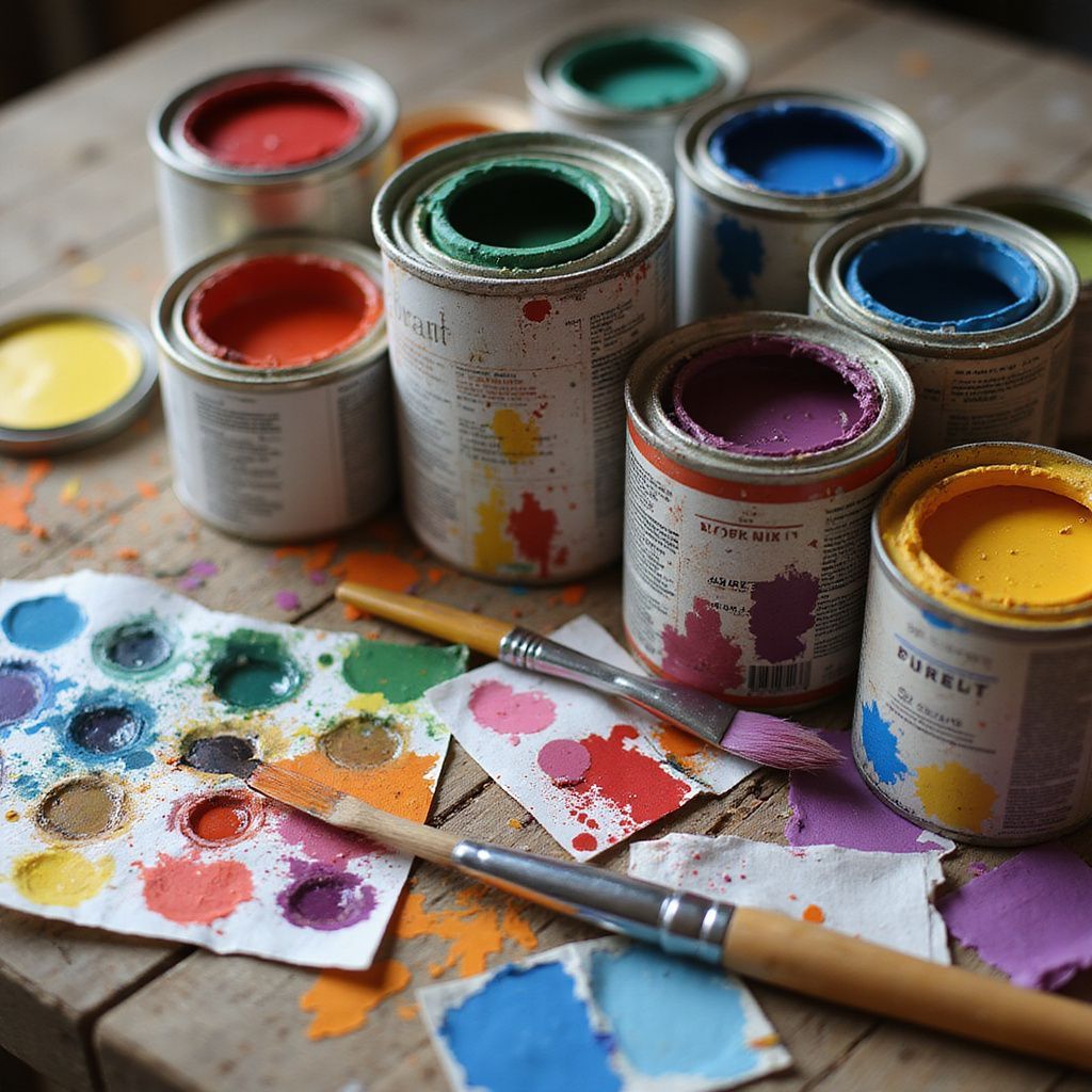 Open paint cans in various colors, paintbrushes, and a palette on a wooden surface.