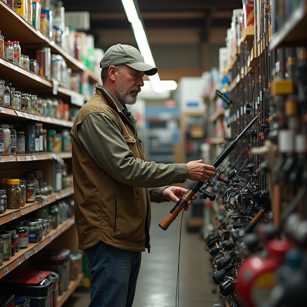 Man in a shop examines fishing rod. Shelves with items surround him.