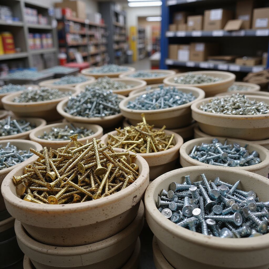 Bowls of screws in a hardware store; gold and silver metal fasteners.
