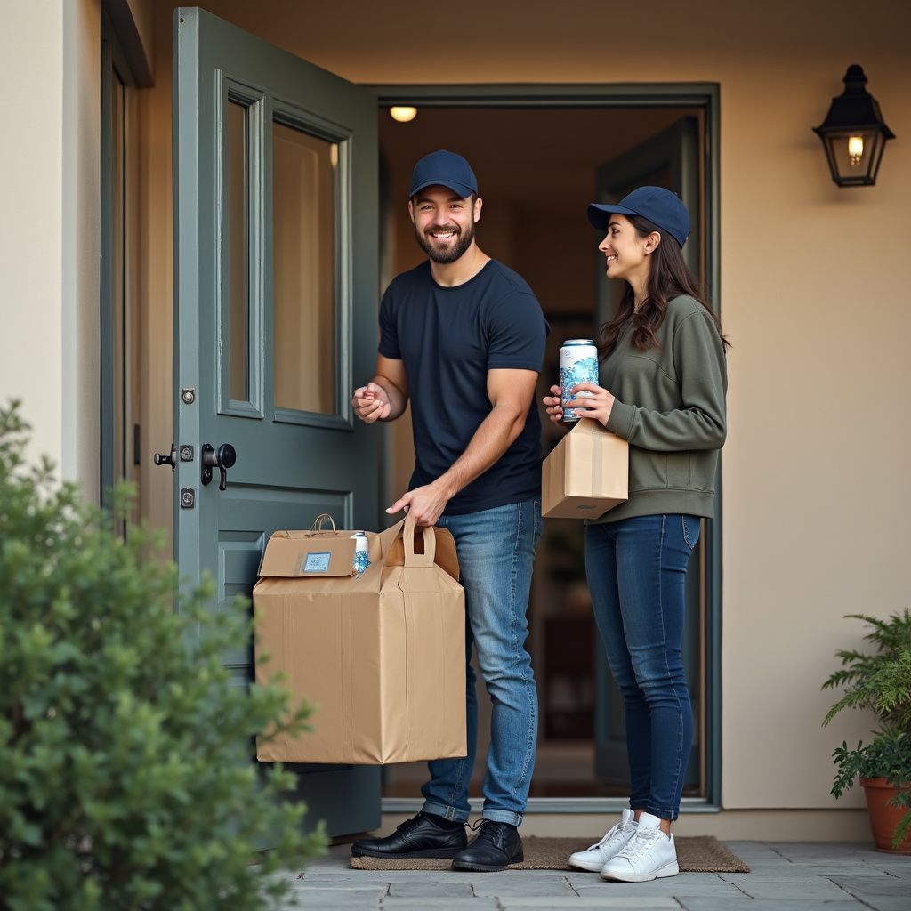 Delivery people at a front door, smiling. Man carries a large box, woman holds packages.