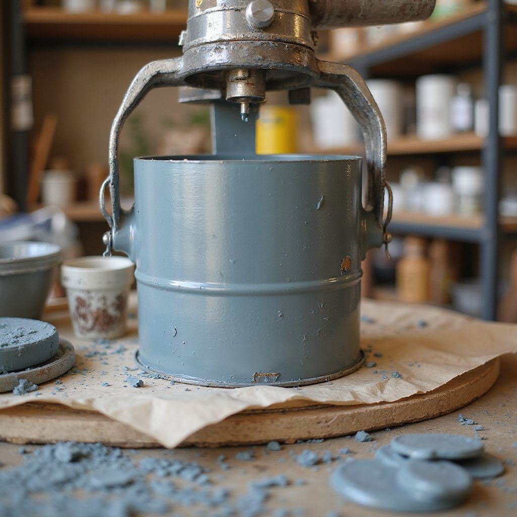A press tool forming a pale blue material inside a metal bucket, on a wooden surface.