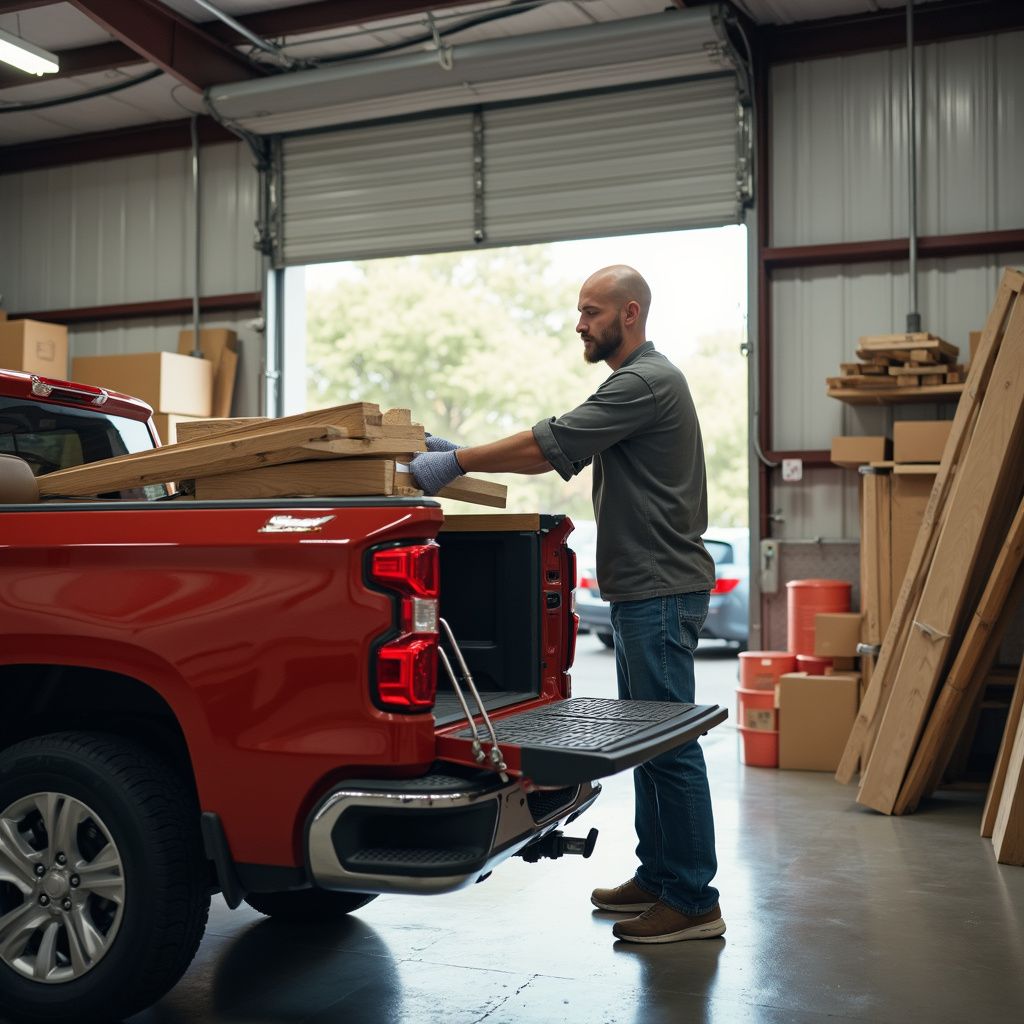 Man loads wood into a red pickup truck inside a warehouse with the door open.
