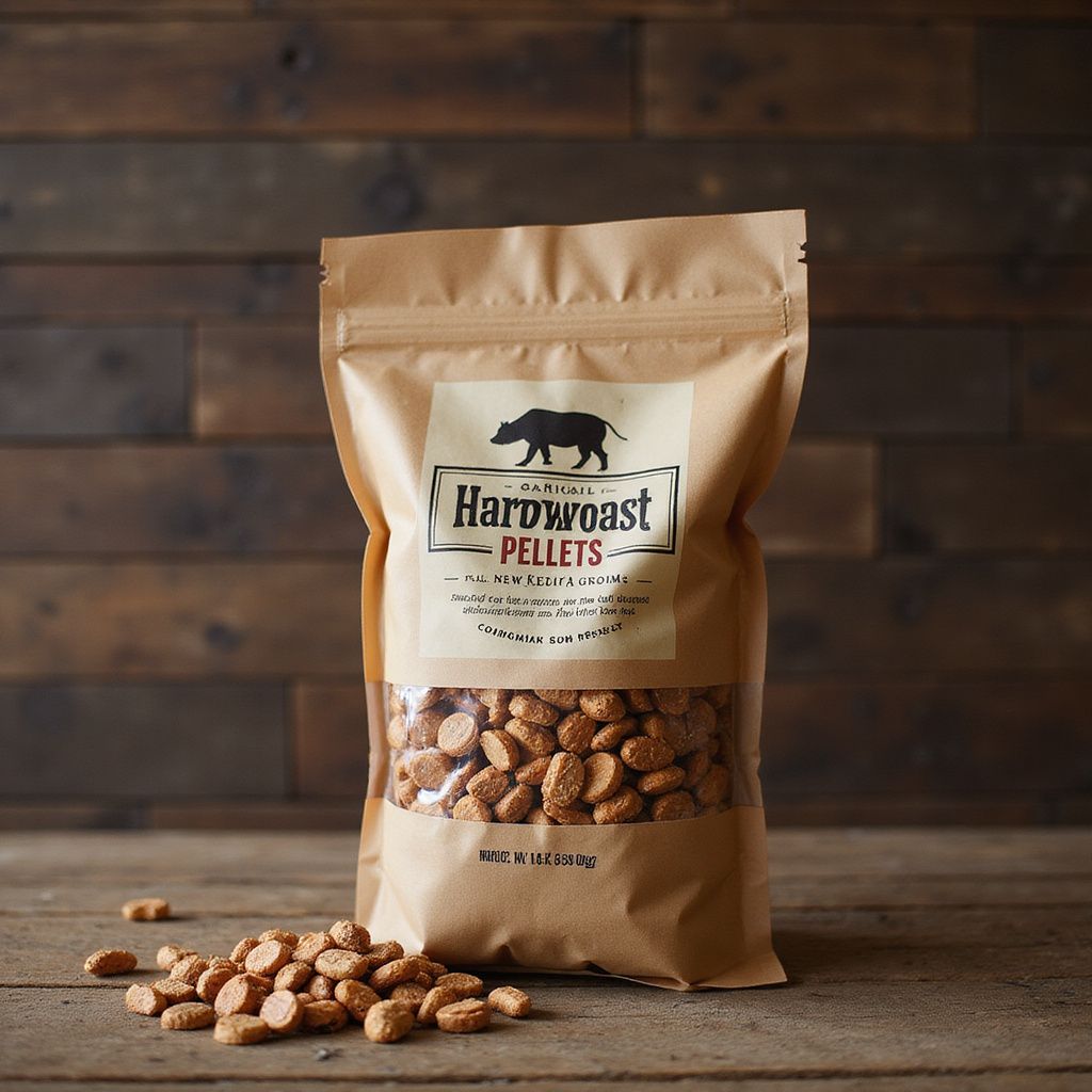 Bag of "Hardroast Pellets" with window, brown paper, wooden background, some pellets on surface.