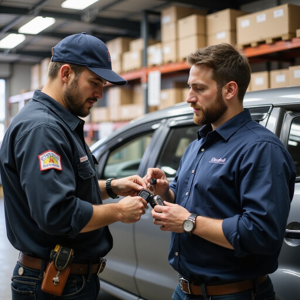 Two men examining car keys near a vehicle in a warehouse.