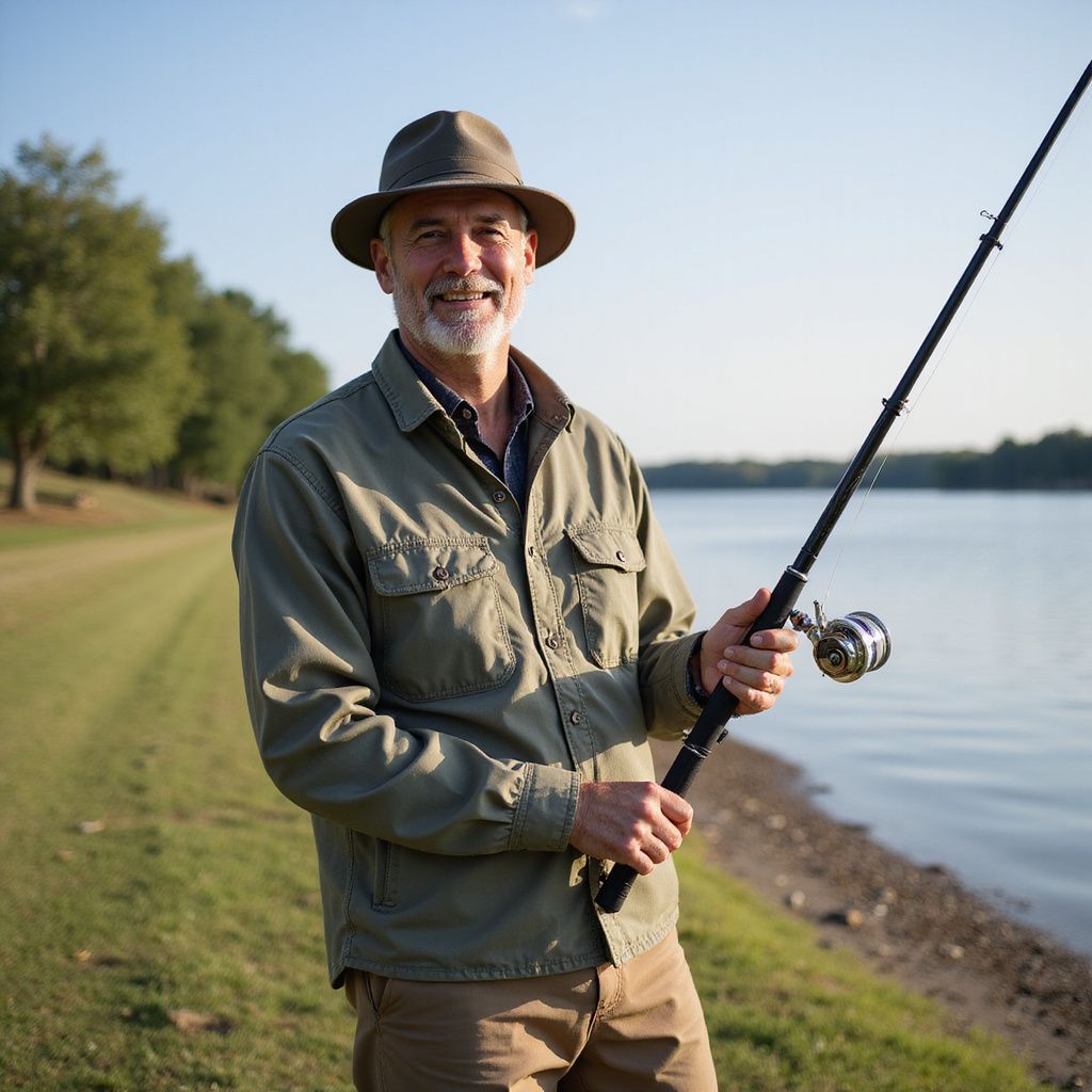 Man in a hat fishing by a lake, holding a fishing rod. He smiles in the sunshine.