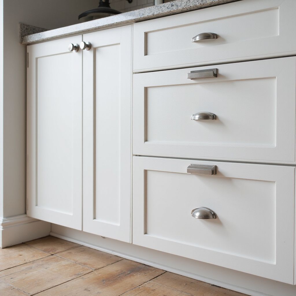 White kitchen cabinets with silver hardware and a stone countertop.