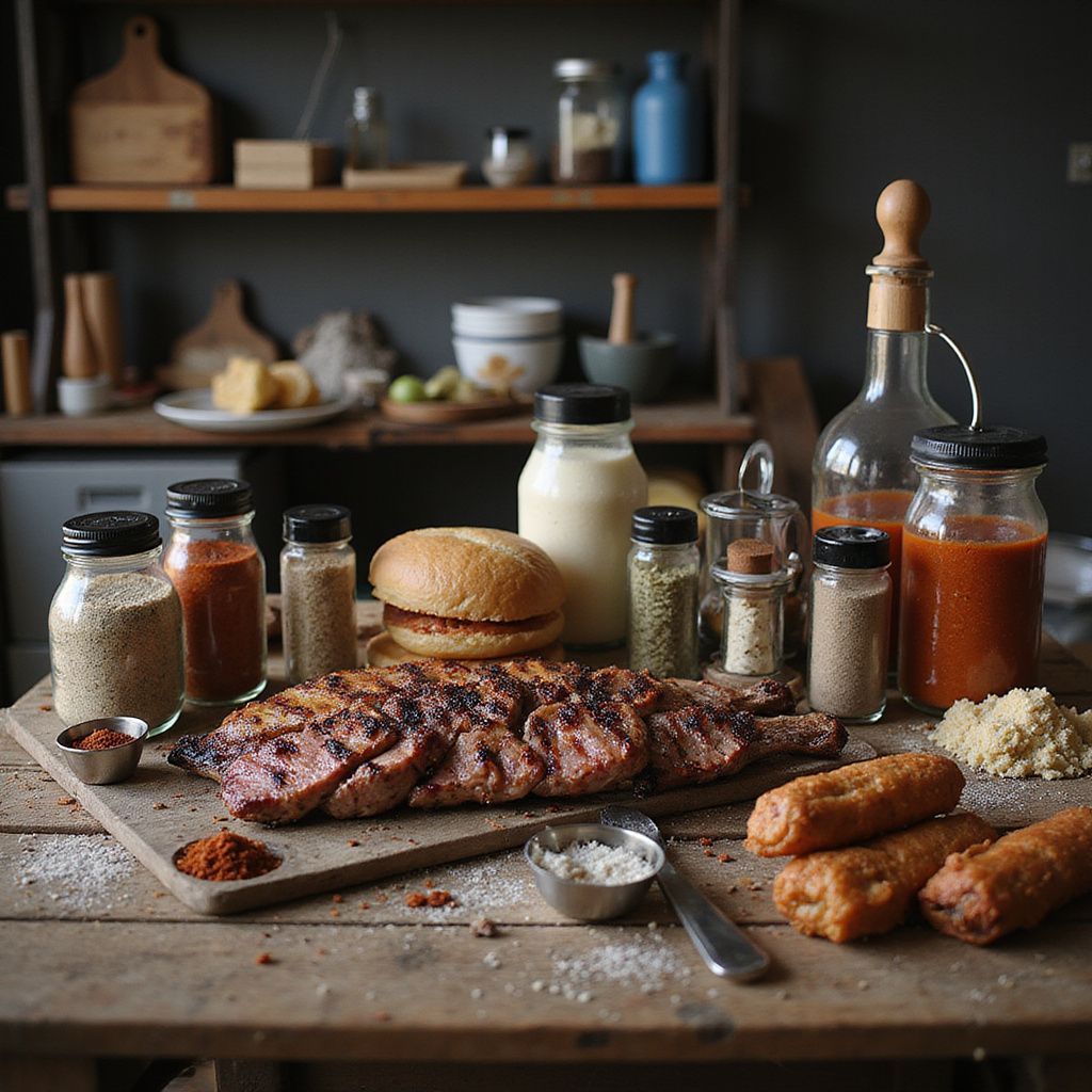 Grilled fish with various seasonings and sides on a wooden table in a kitchen.