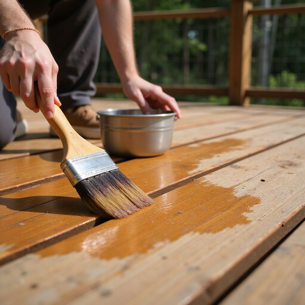 Person applying wood stain to a wooden deck with a brush.
