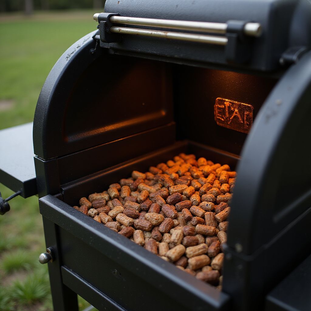 Black smoker grill filled with wood pellets. Open lid, outdoor setting.