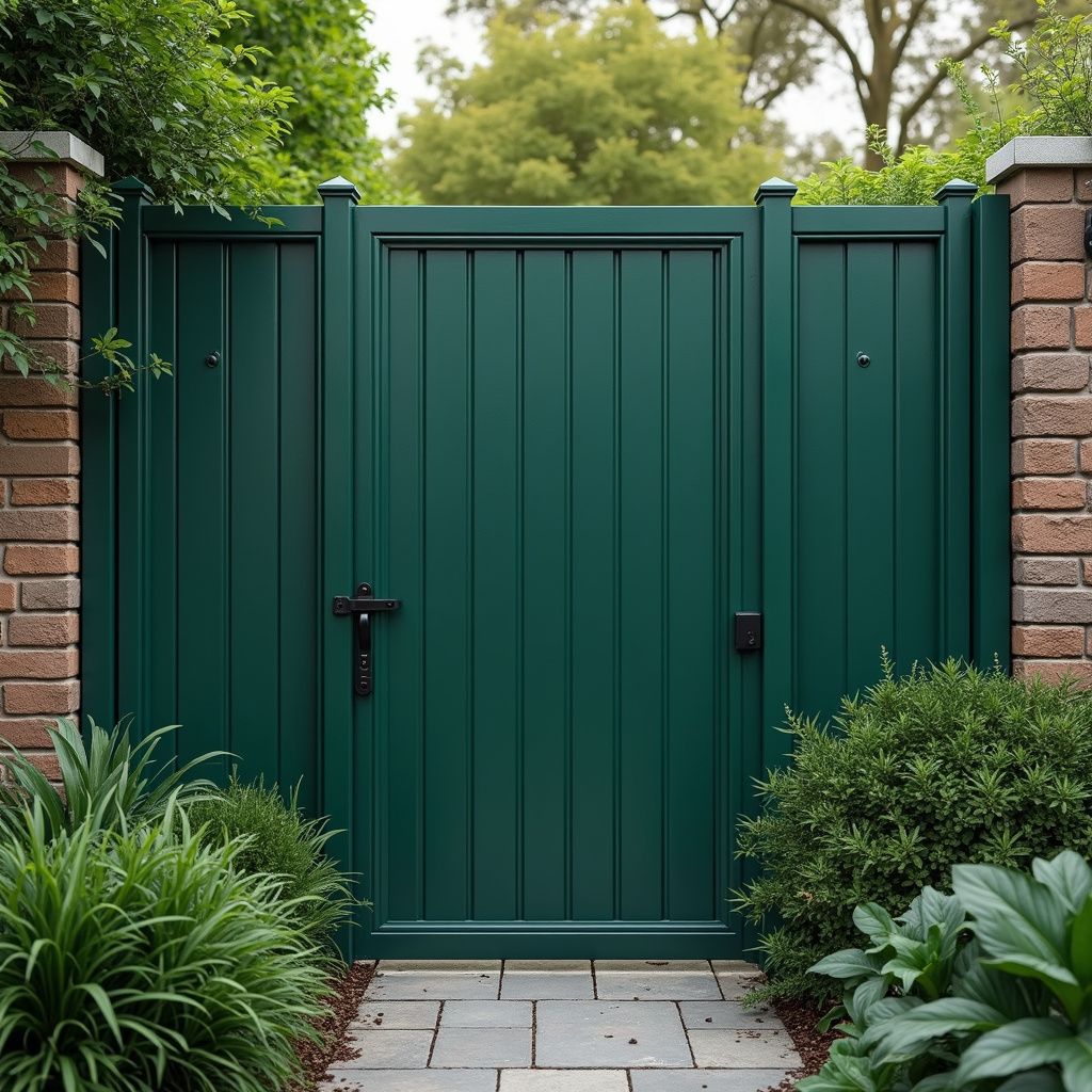 Green gate set between brick pillars, leading to a garden path.