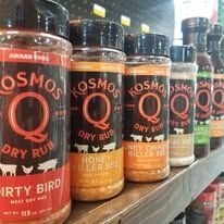 Assortment of Kosmos Q Dry Rub spices, including 