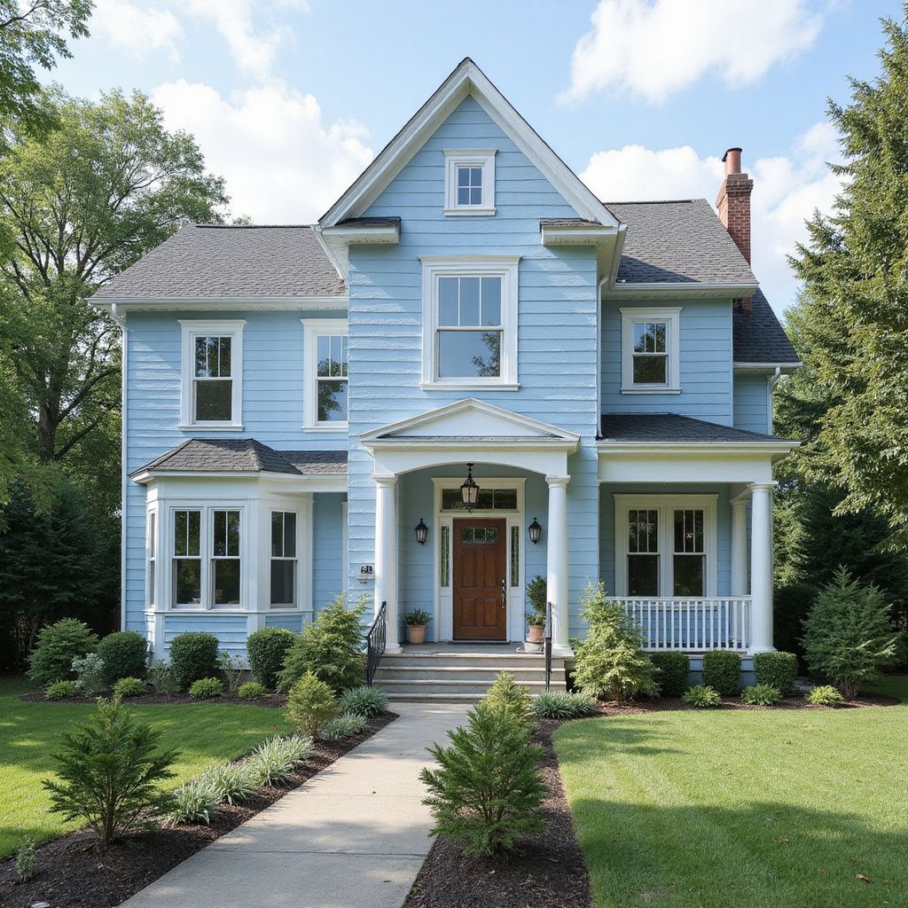 Blue two-story house with white trim, porch, and walkway, surrounded by greenery.