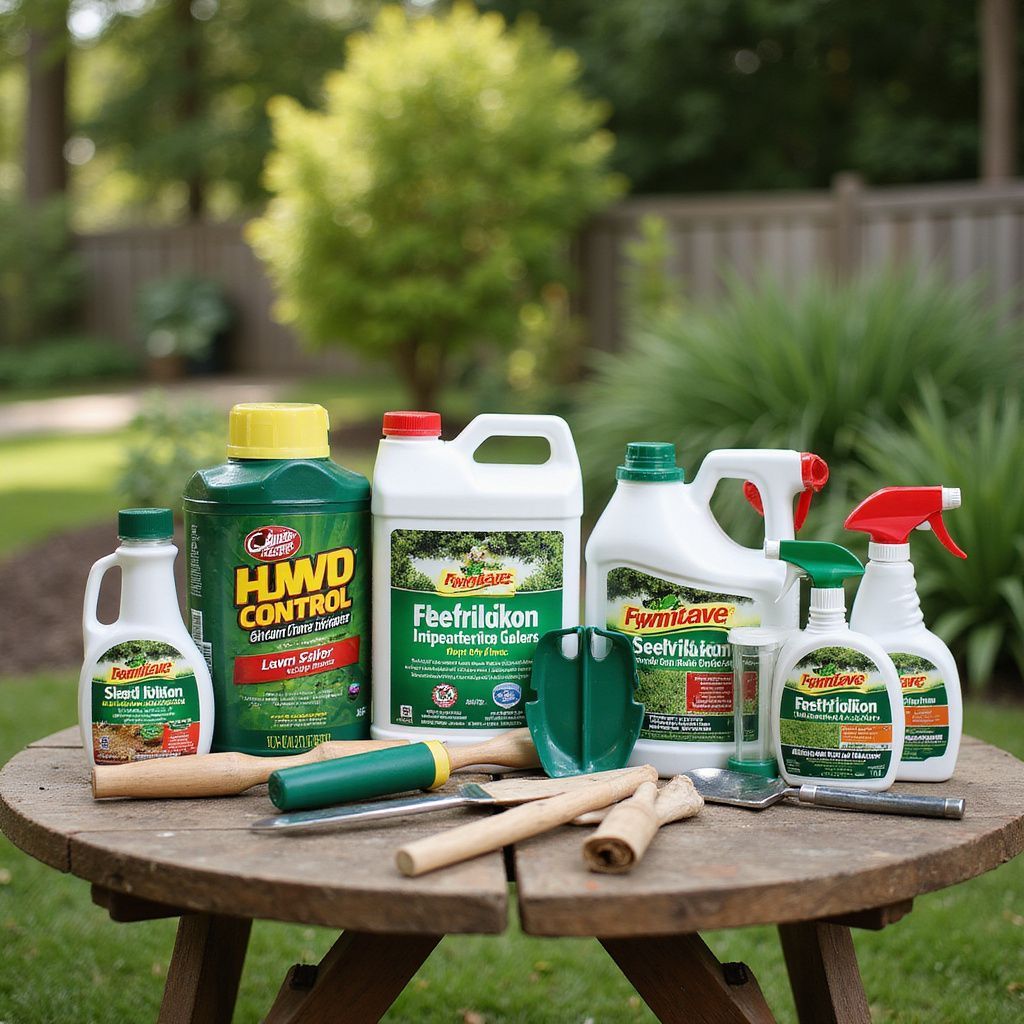 Lawn care products arranged on a wooden table in a yard. Various green and white bottles with gardening tools.