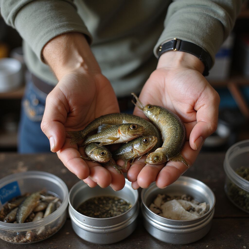 Person holding several small fish, with containers of other items in the foreground.