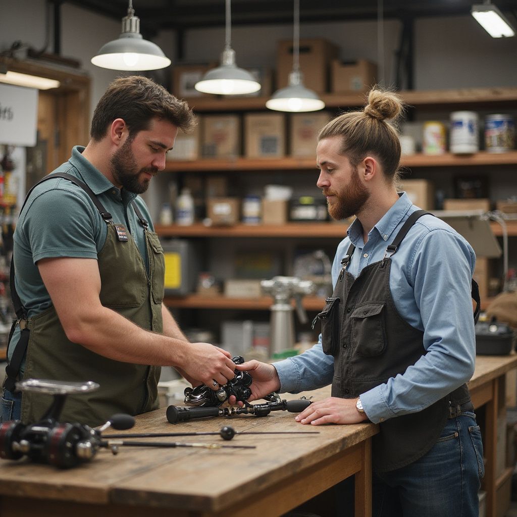 Two men working at a workbench, examining and assembling fishing reels. Workshop setting.