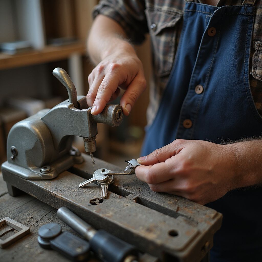 Locksmith using a key-cutting machine on a wooden workbench in a workshop.