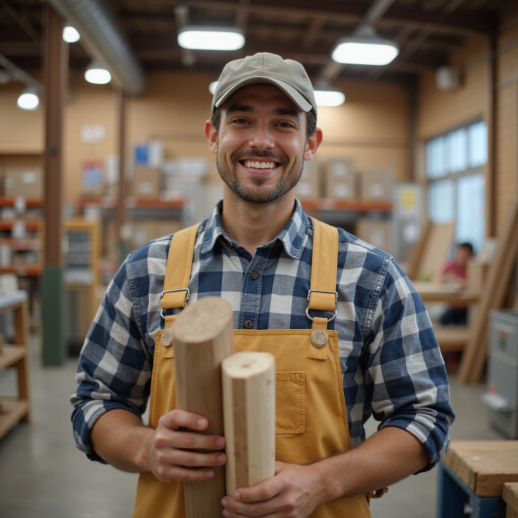 Carpenter smiling, holding wooden dowels in workshop, wearing apron and cap.