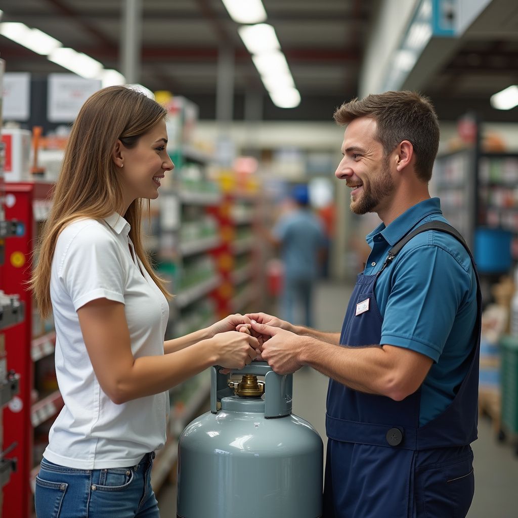 Woman and store employee holding a propane tank, smiling in a hardware store aisle.