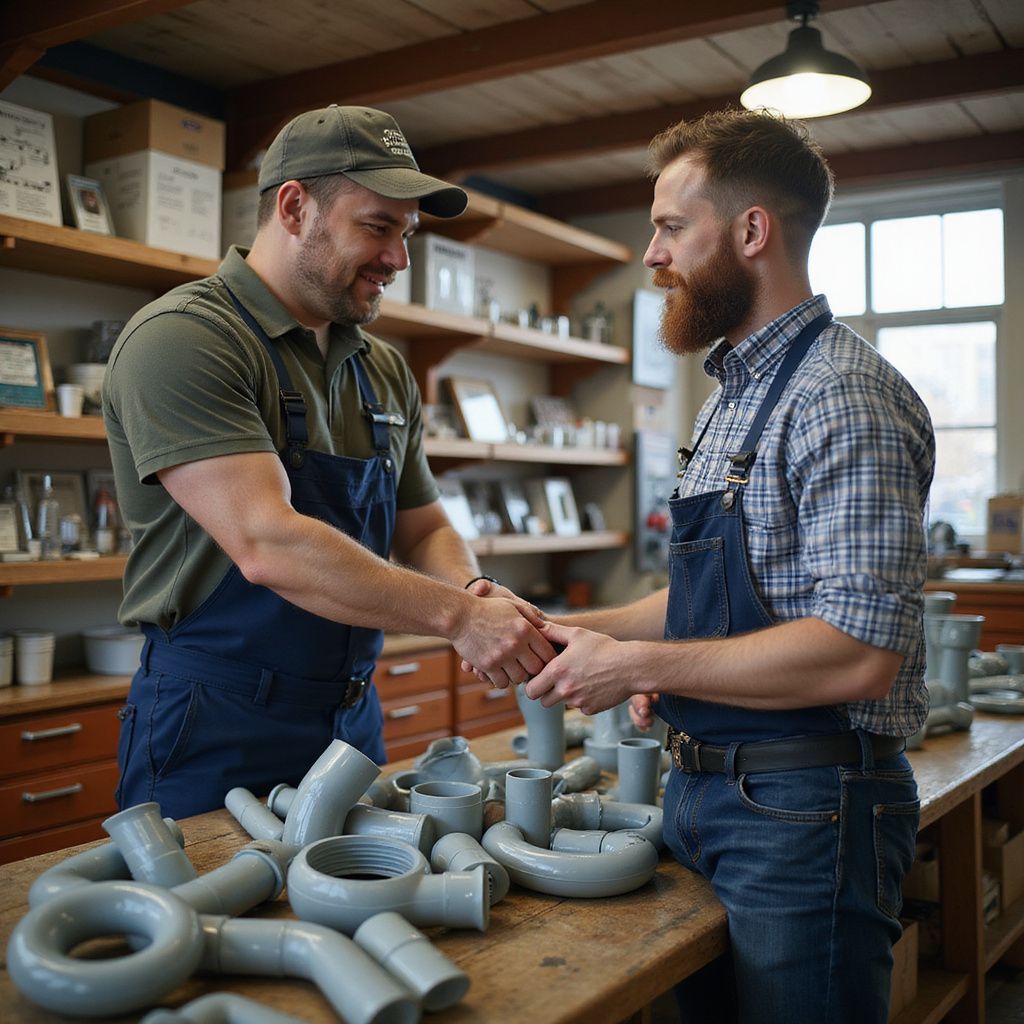 Two men shaking hands in a pottery workshop. Gray ceramic pipes are on the table.