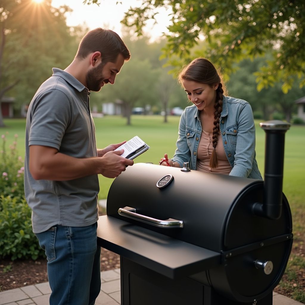 Couple assembling a black smoker grill outdoors, reading instructions, smiling in a park setting.