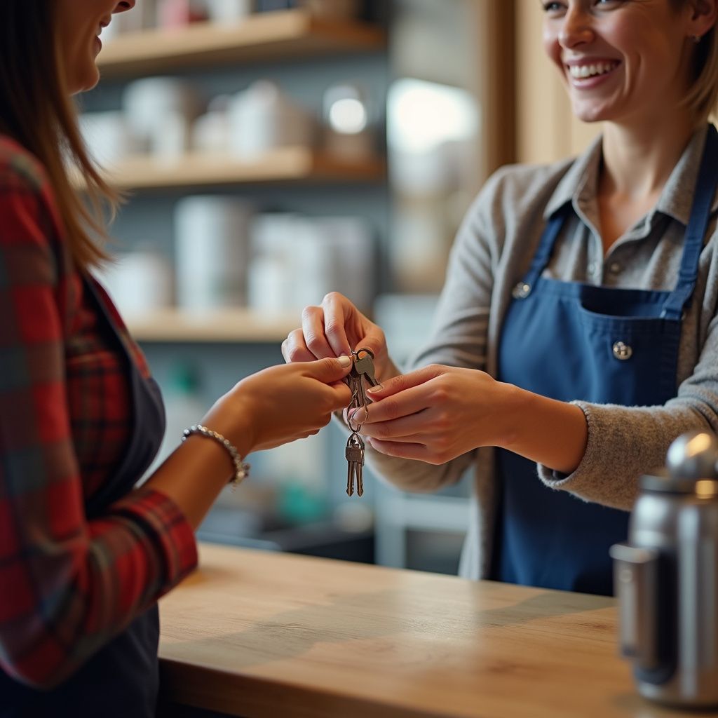 Woman in plaid shirt receives keys from a smiling woman in a blue apron at a counter.